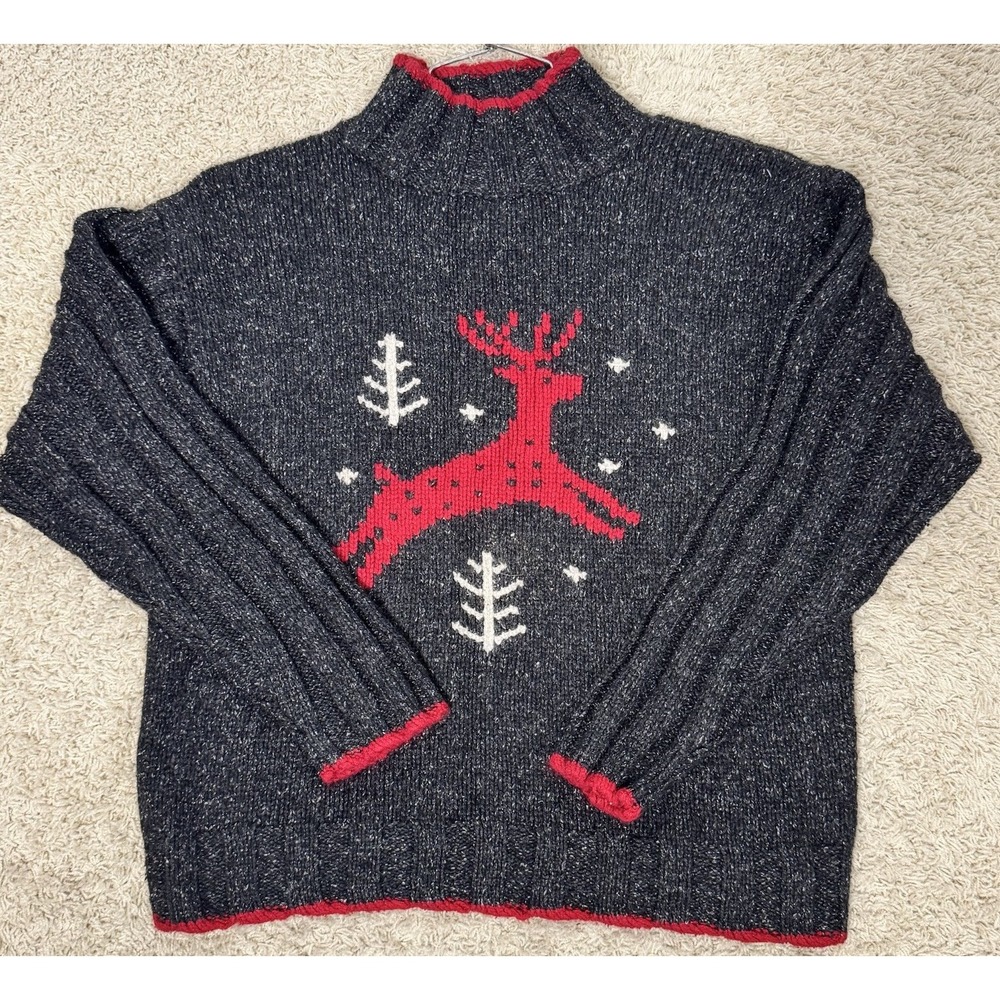 VTG Nomadic Traders Silk‎ Blend Christmas Reindeer Mock Neck Pullover Sweater XL